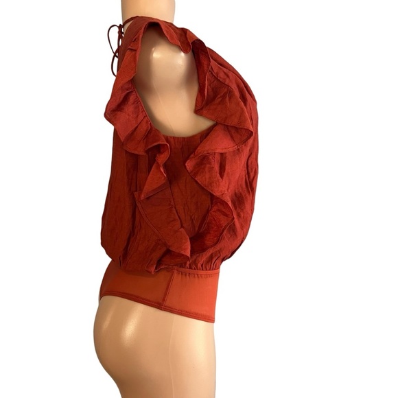 3/$30 🍂 Lulus Smile Awhile Rust Red Ruffled Surplice Bodysuit - Picture 3 of 10